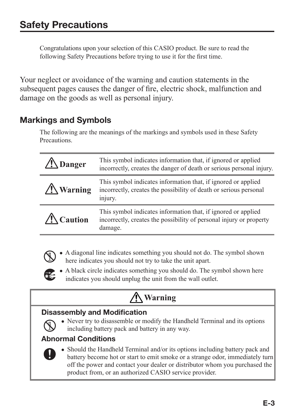 Safety precautions, Markings and symbols, Danger | Warning, Caution | Casio DT-X7 User Manual | Page 5 / 75