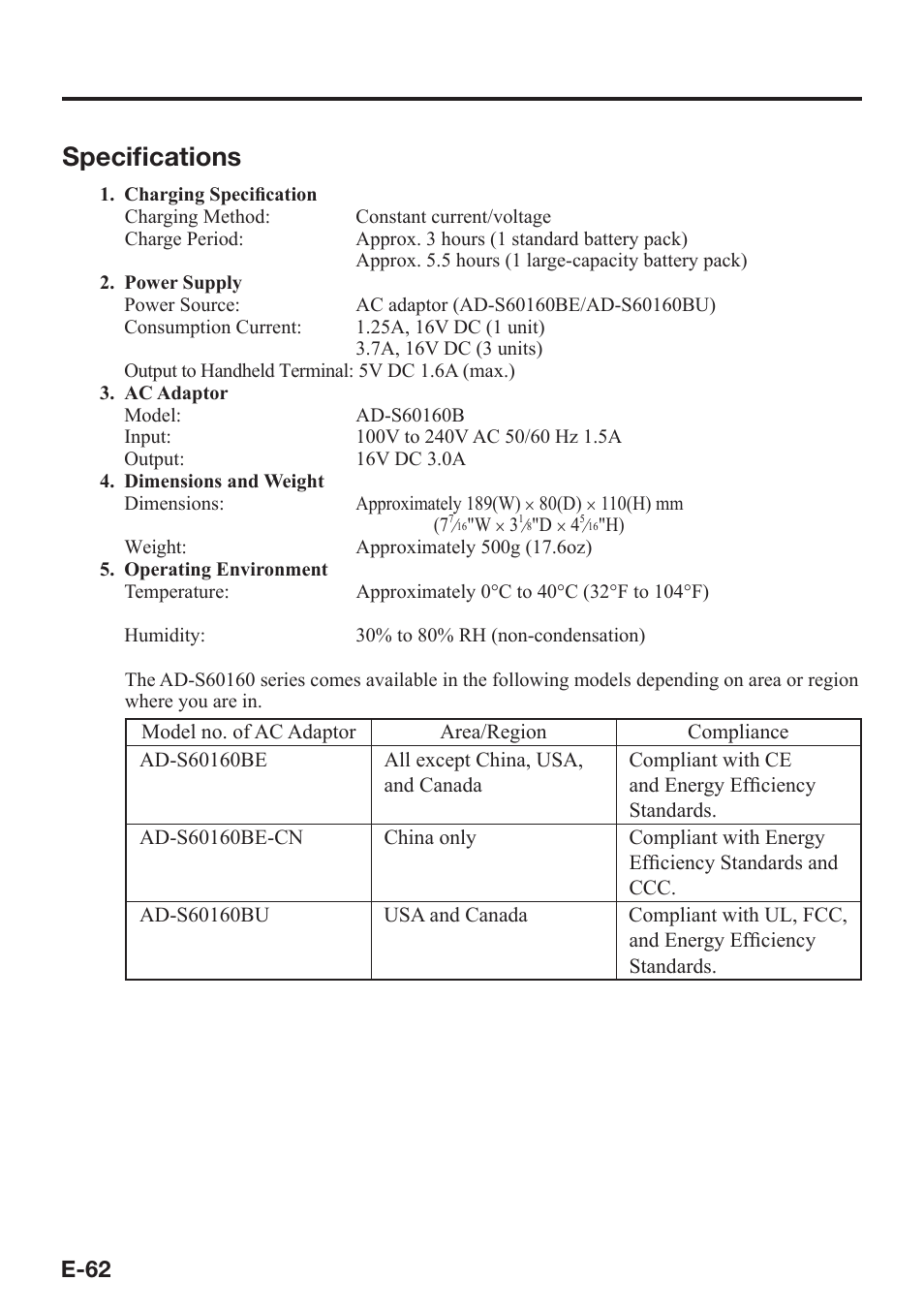 Specifi cations, E-62 | Casio DT-X7 User Manual | Page 64 / 75