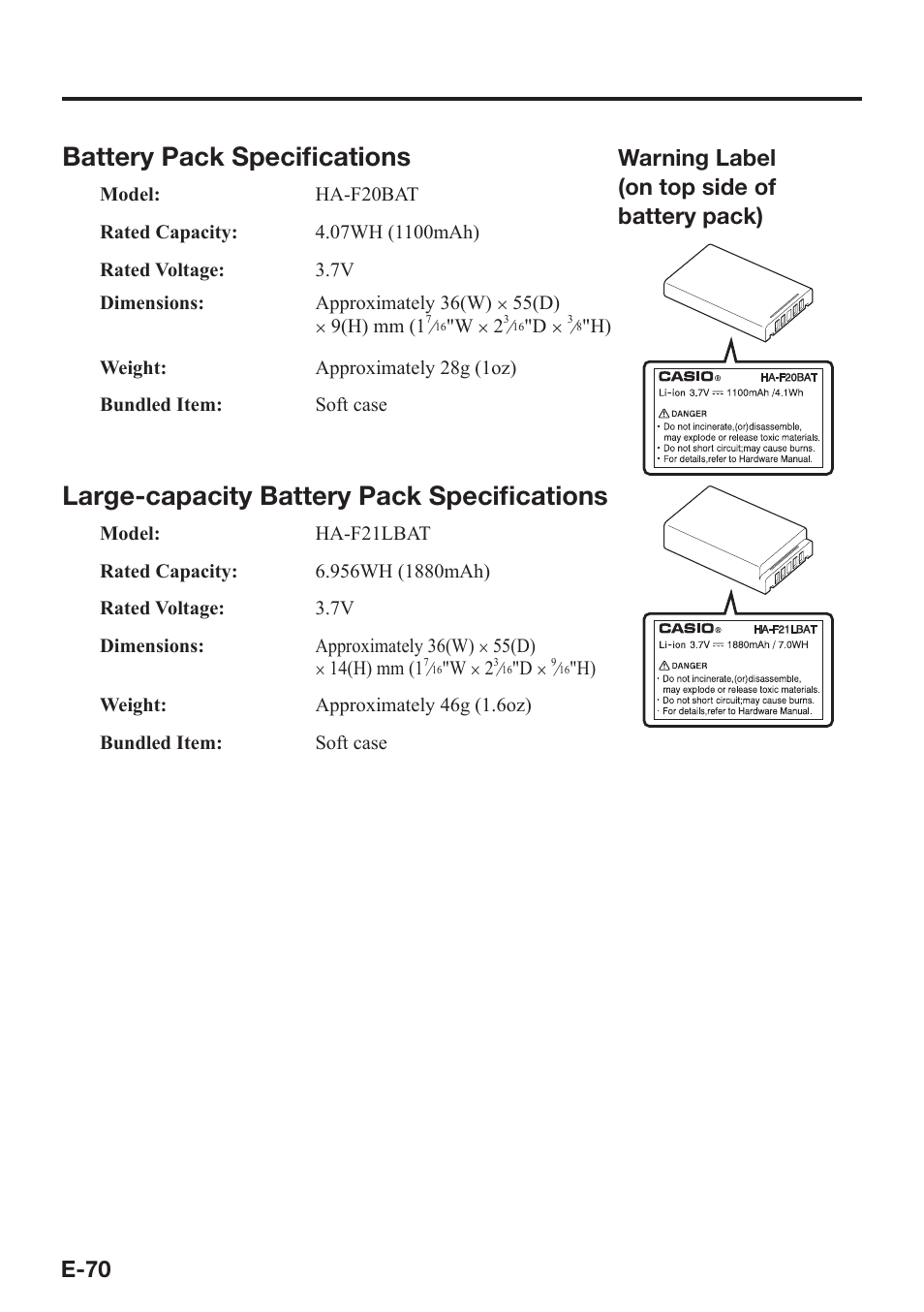 Battery pack specifi cations, Large-capacity battery pack specifi cations, E-70 | Warning label (on top side of battery pack) | Casio DT-X7 User Manual | Page 72 / 75