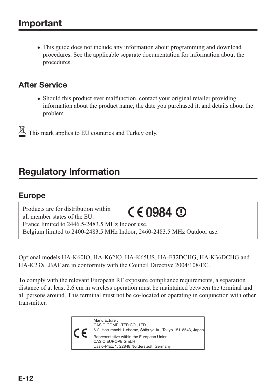 Important, Regulatory information | Casio DT-X8 User Manual | Page 14 / 75