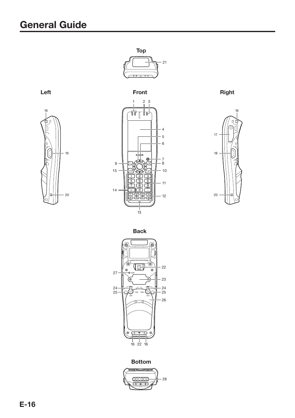 General guide, E-16, Left front right top bottom back | Casio DT-X8 User Manual | Page 18 / 75