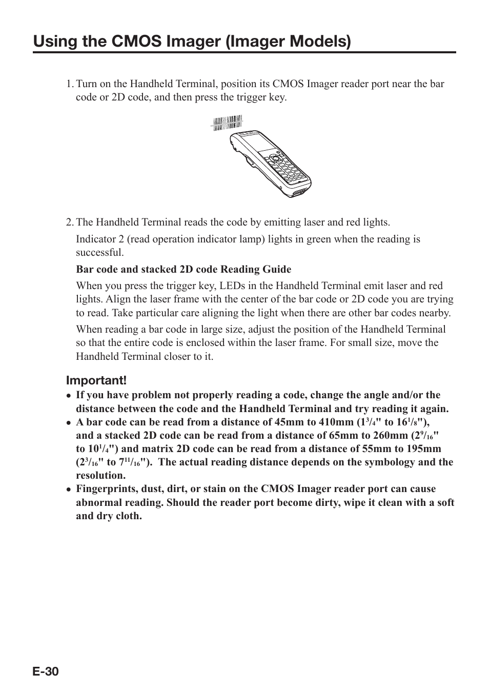 Using the cmos imager (imager models), E-30, Important | Casio DT-X8 User Manual | Page 32 / 75