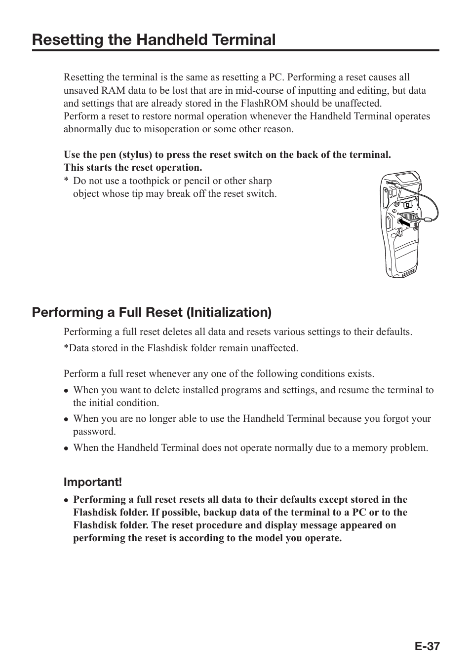 Resetting the handheld terminal, Performing a full reset (initialization) | Casio DT-X8 User Manual | Page 39 / 75