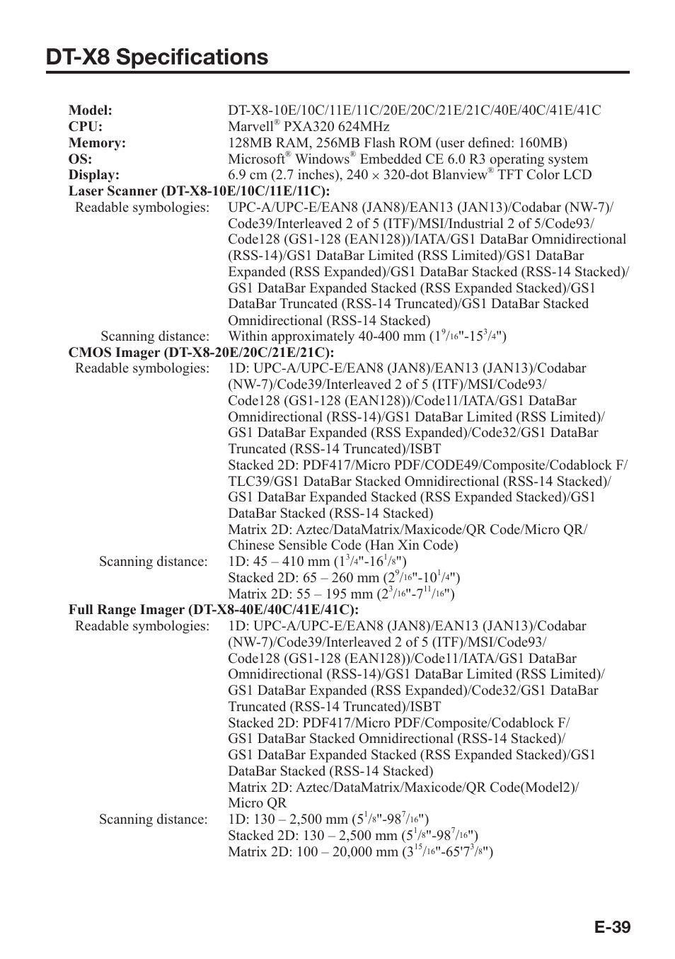 Dt-x8 speciﬁ cations, E-39 | Casio DT-X8 User Manual | Page 41 / 75