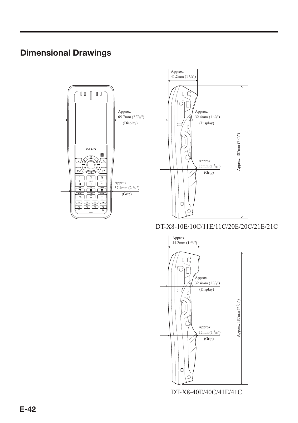 Dimensional drawings, E-42 | Casio DT-X8 User Manual | Page 44 / 75