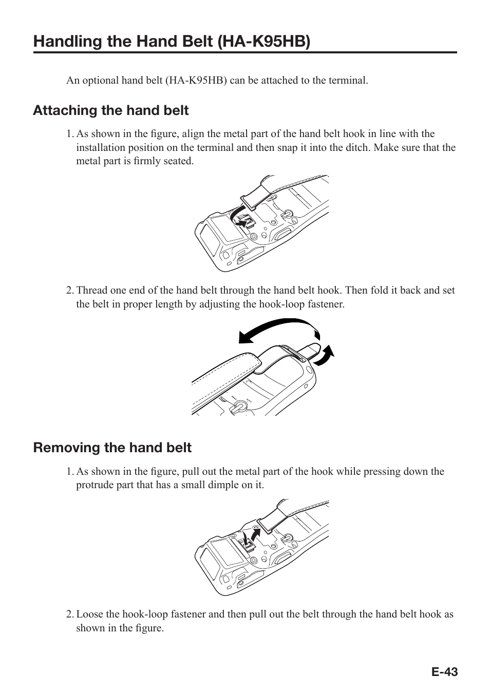 Handling the hand belt (ha-k95hb), Attaching the hand belt, Removing the hand belt | Casio DT-X8 User Manual | Page 45 / 75