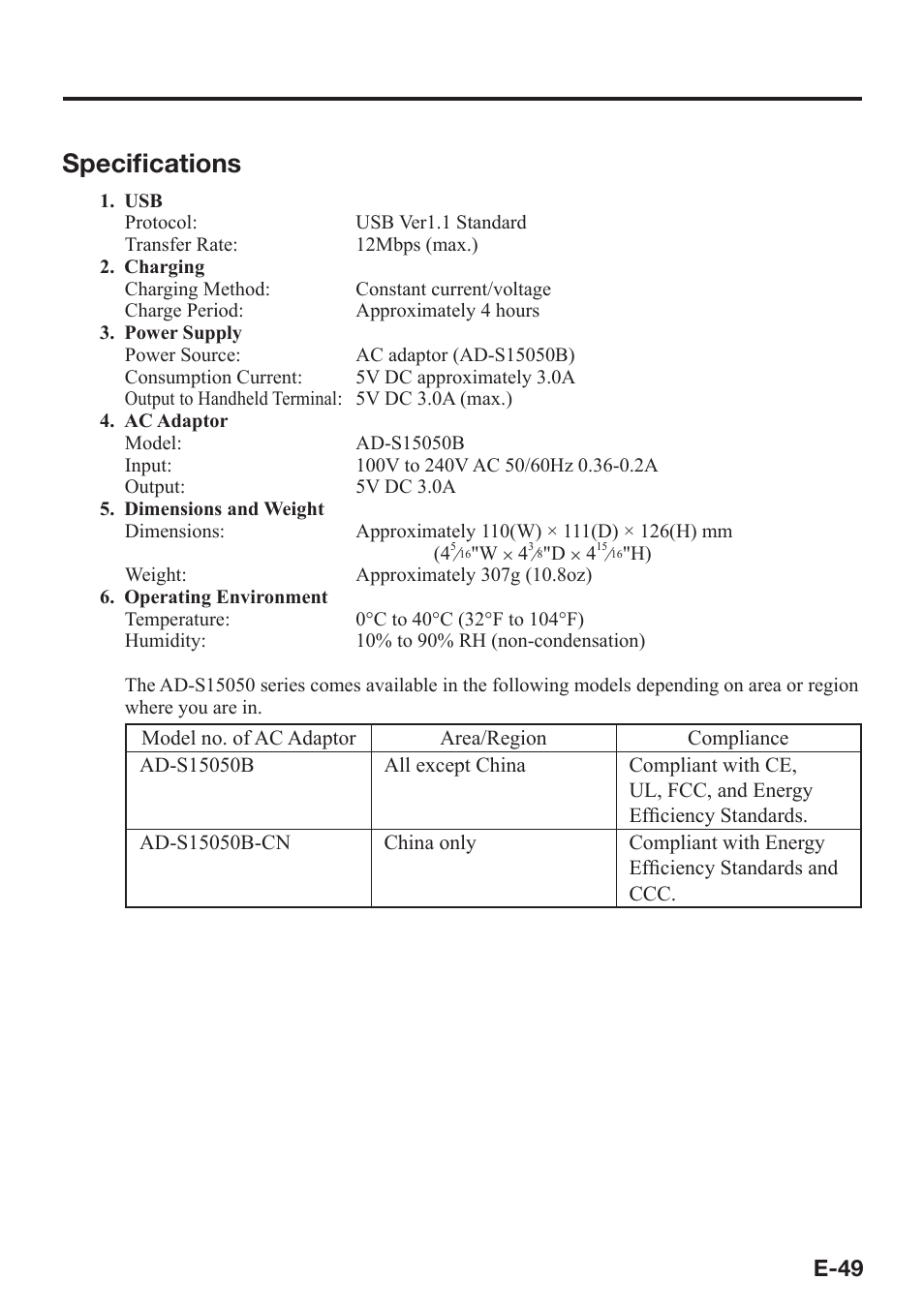 Specifi cations, E-49 | Casio DT-X8 User Manual | Page 51 / 75