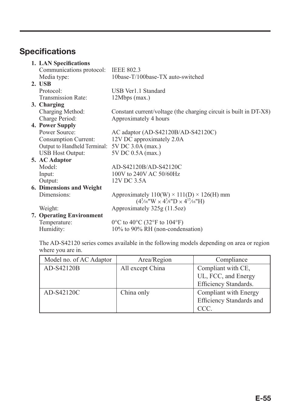 Specifi cations, E-55 | Casio DT-X8 User Manual | Page 57 / 75