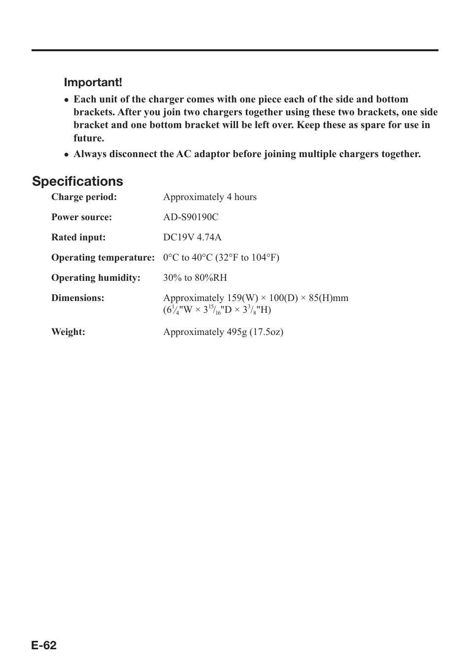 Specifi cations, E-62 important | Casio DT-X8 User Manual | Page 64 / 75