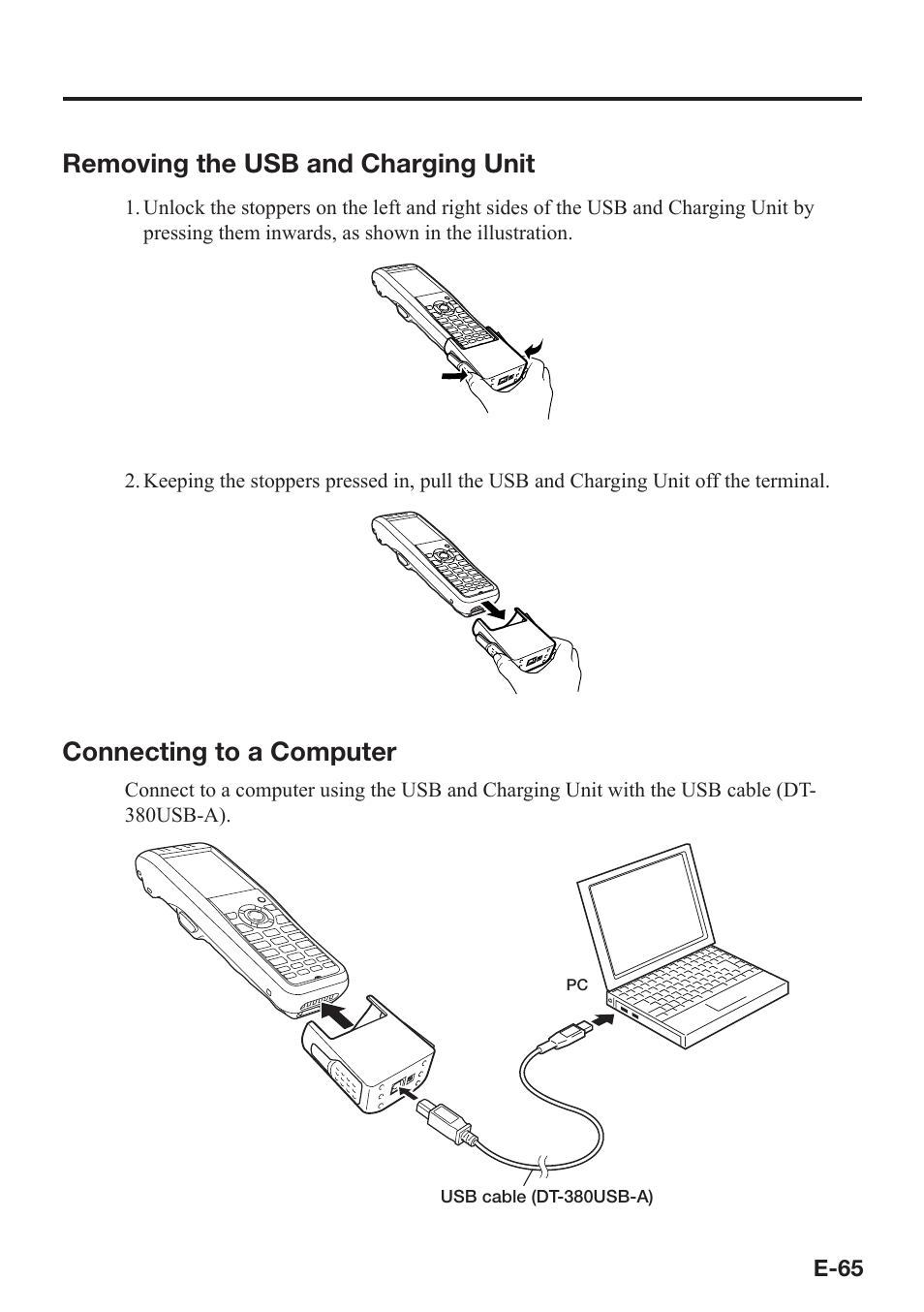 Removing the usb and charging unit, Connecting to a computer | Casio DT-X8 User Manual | Page 67 / 75