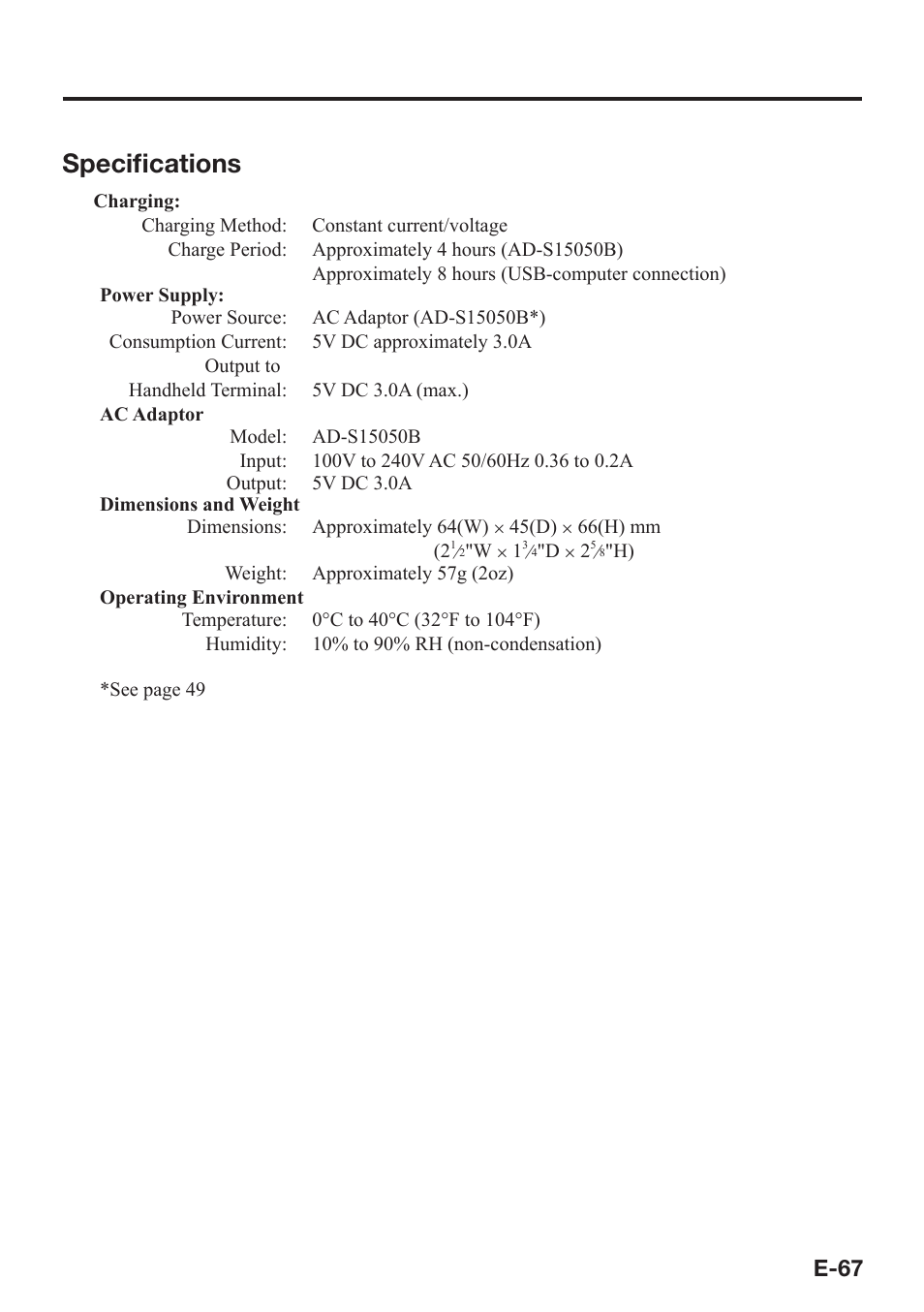 Specifi cations, E-67 | Casio DT-X8 User Manual | Page 69 / 75