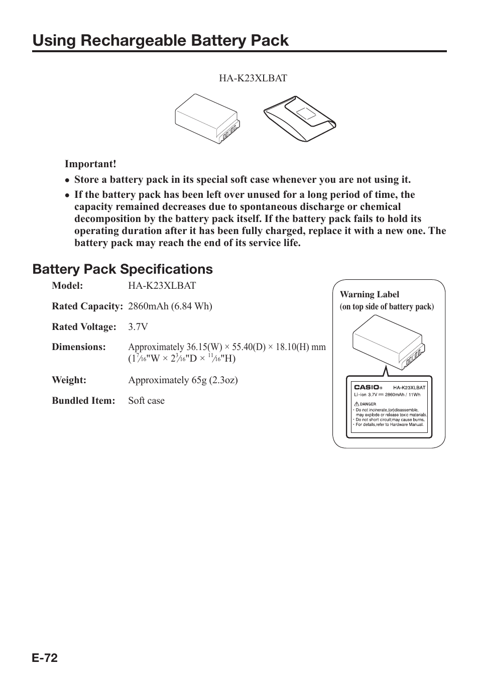 Using rechargeable battery pack, Battery pack specifi cations, E-72 | Casio DT-X8 User Manual | Page 74 / 75