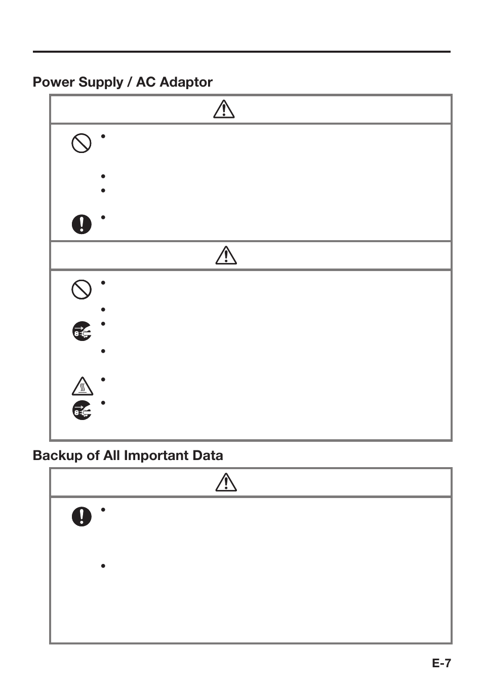 Power supply / ac adaptor warning, Caution, Backup of all important data caution | Casio DT-X8 User Manual | Page 9 / 75