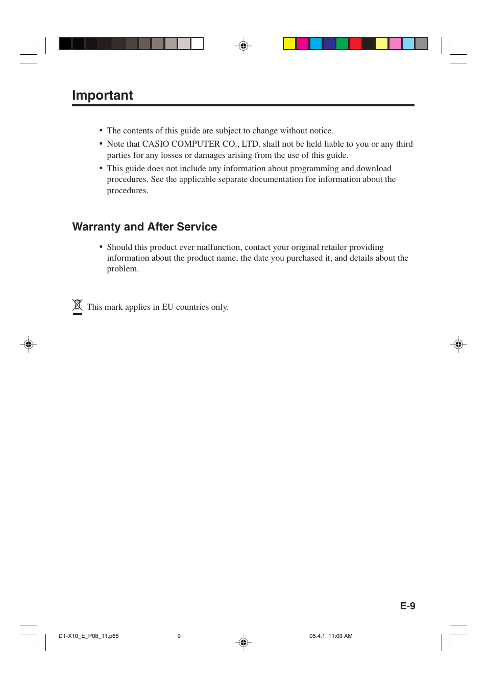 Important, Warranty and after service | Casio DT-X10 User Manual | Page 11 / 62