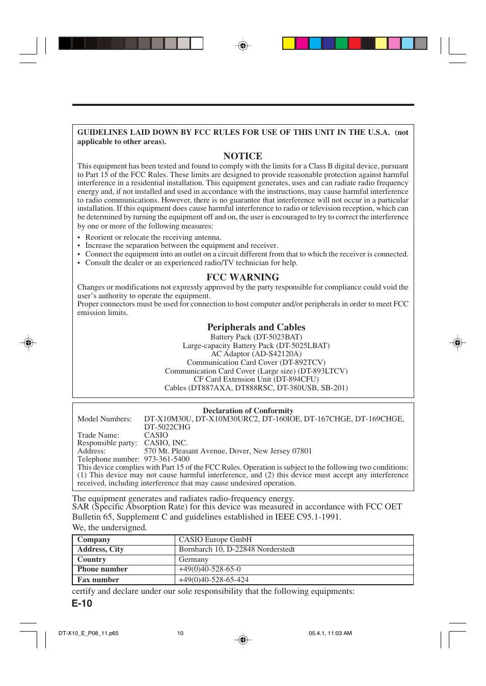 E-10, Notice, Fcc warning | Peripherals and cables | Casio DT-X10 User Manual | Page 12 / 62