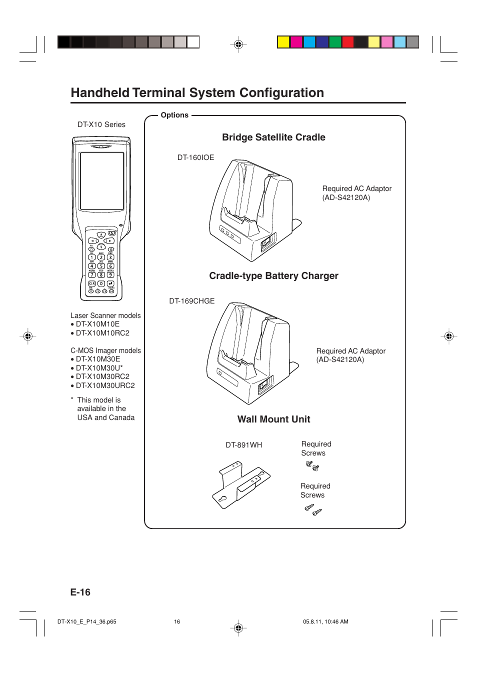 Handheld terminal system configuration, E-16, Bridge satellite cradle | Cradle-type battery charger, Wall mount unit | Casio DT-X10 User Manual | Page 18 / 62