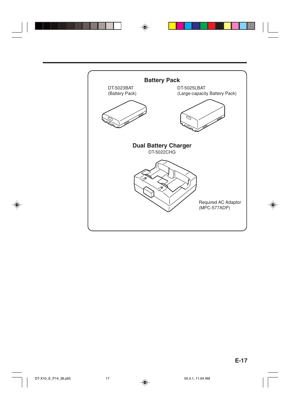 E-17, Dual battery charger, Battery pack | Casio DT-X10 User Manual | Page 19 / 62