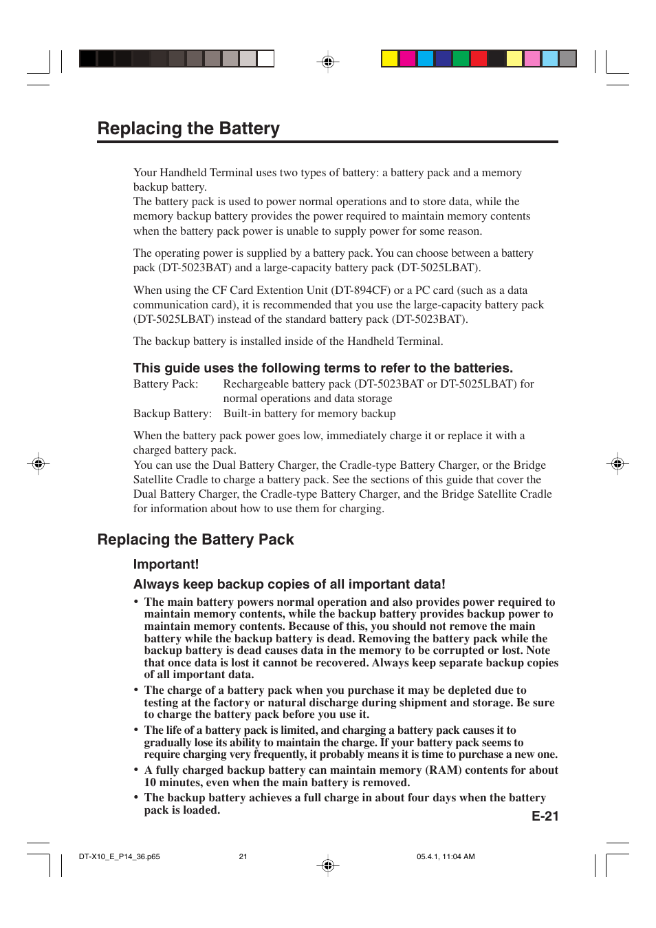 Replacing the battery, Replacing the battery pack | Casio DT-X10 User Manual | Page 23 / 62