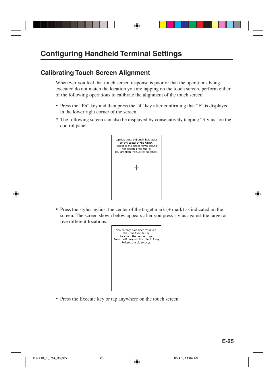 Configuring handheld terminal settings, Calibrating touch screen alignment | Casio DT-X10 User Manual | Page 27 / 62