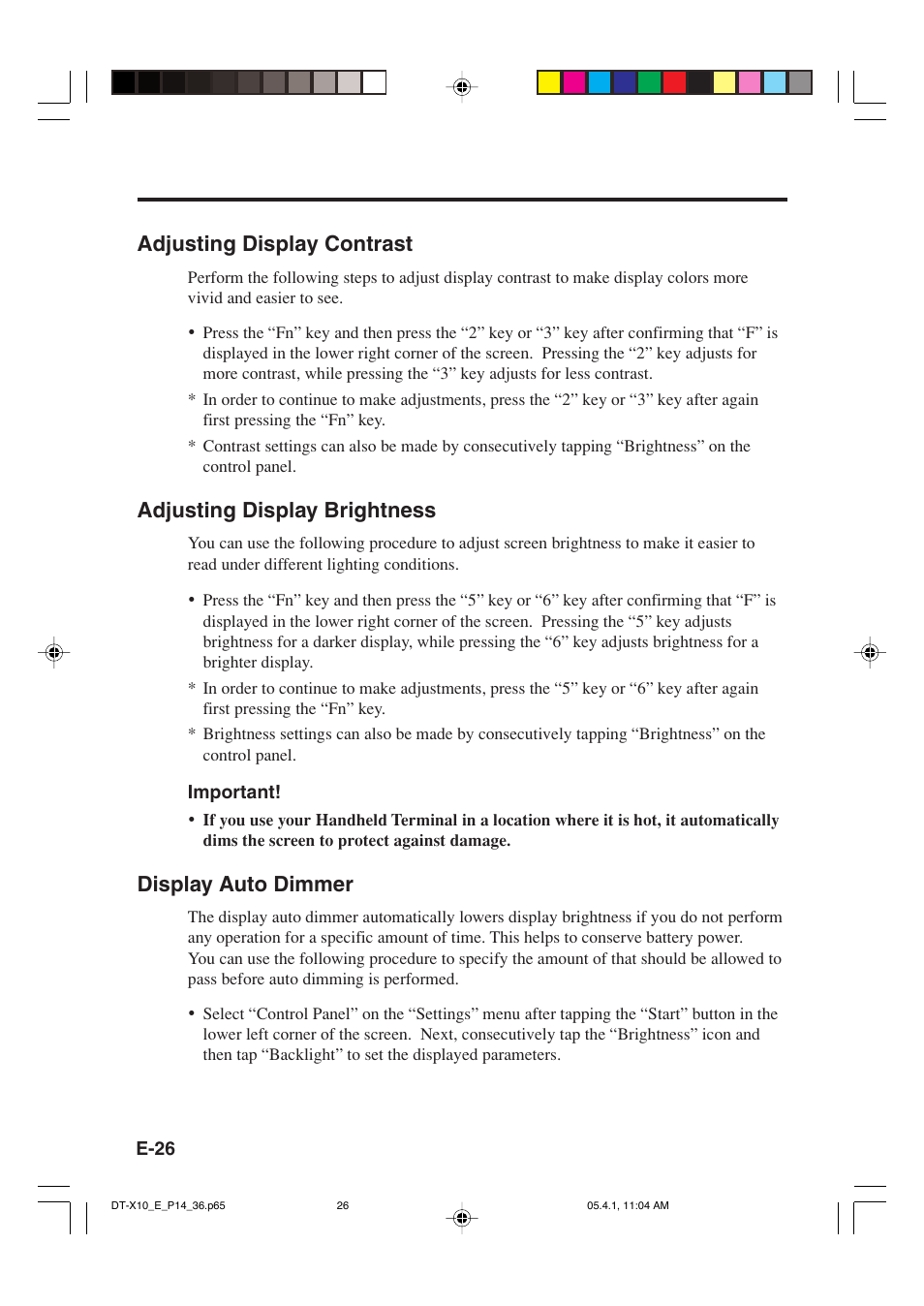 Adjusting display contrast, Adjusting display brightness, Display auto dimmer | Casio DT-X10 User Manual | Page 28 / 62