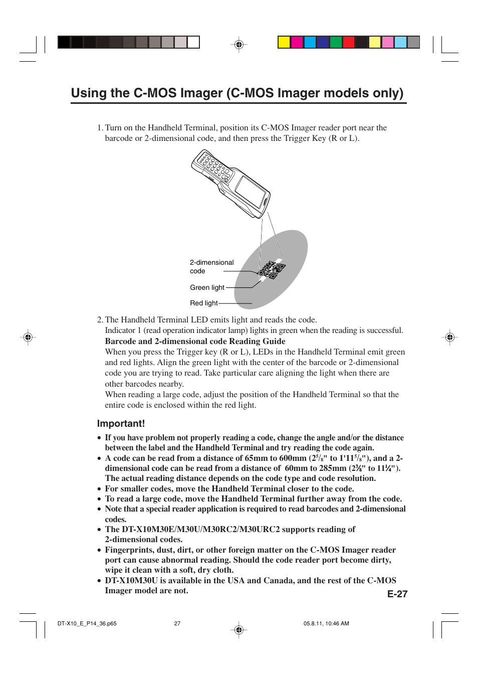 Using the c-mos imager (c-mos imager models only), E-27, Important | Casio DT-X10 User Manual | Page 29 / 62
