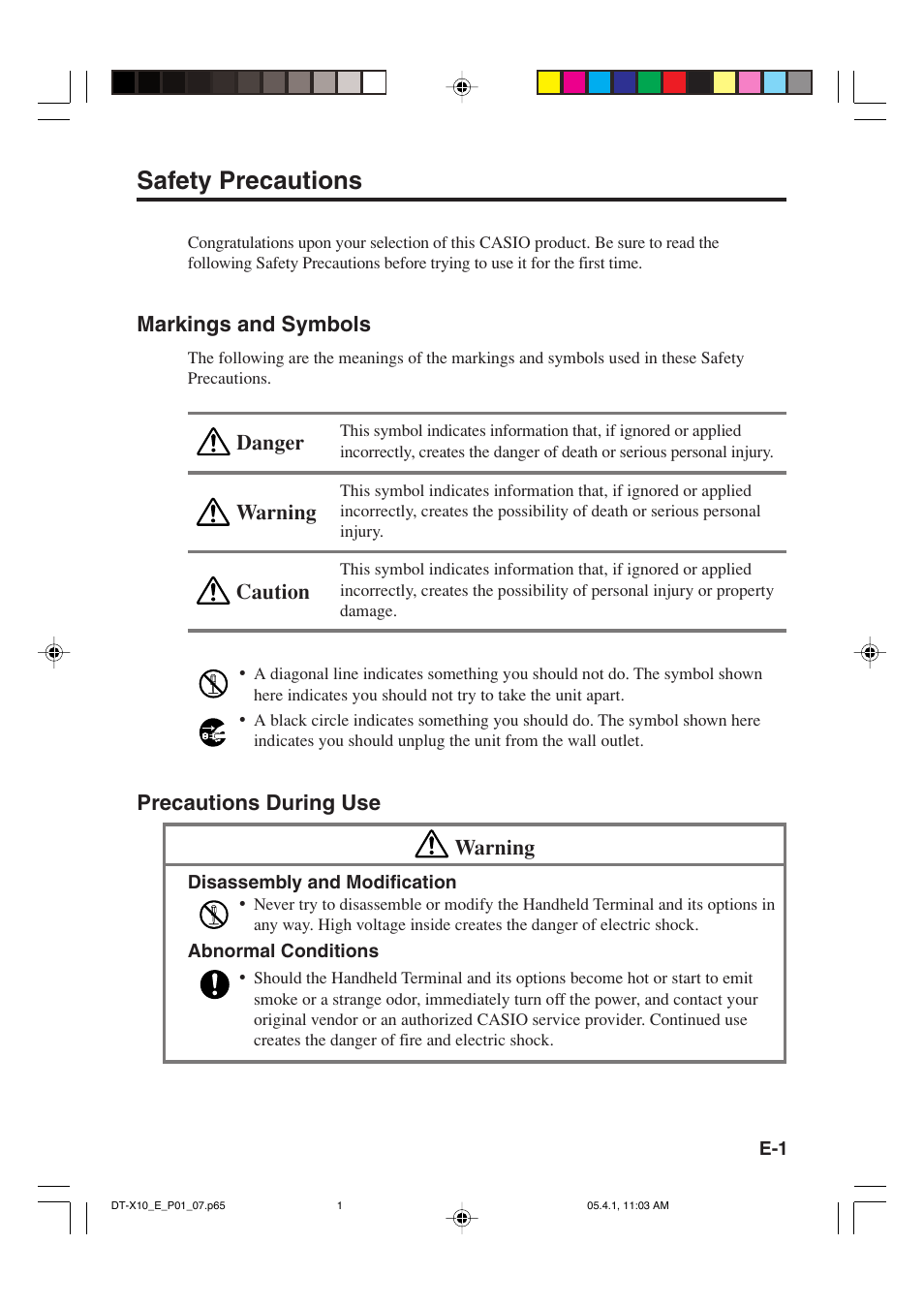 Safety precautions, Warning caution danger, Markings and symbols | Precautions during use warning | Casio DT-X10 User Manual | Page 3 / 62