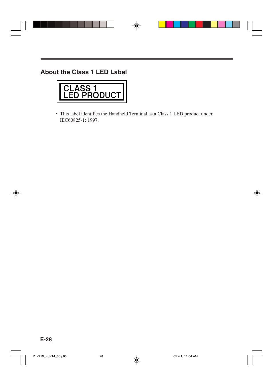 About the class 1 led label, E-28 | Casio DT-X10 User Manual | Page 30 / 62