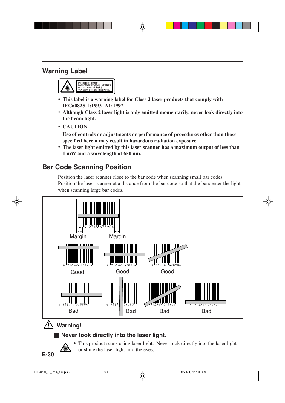 Warning label, Bar code scanning position | Casio DT-X10 User Manual | Page 32 / 62