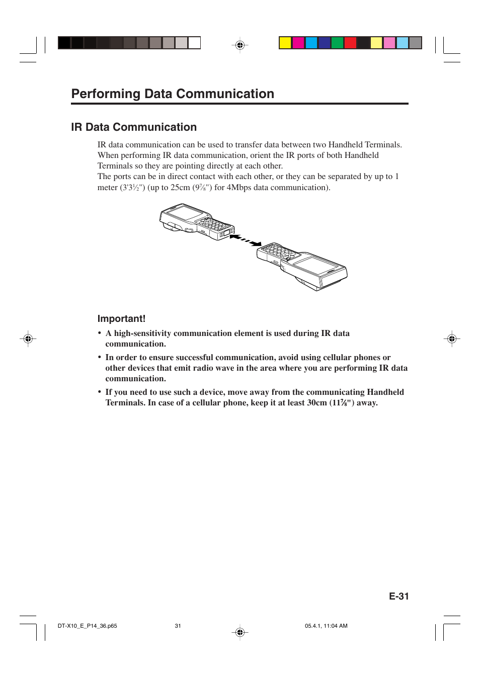 Performing data communication, Ir data communication, E-31 | Important | Casio DT-X10 User Manual | Page 33 / 62