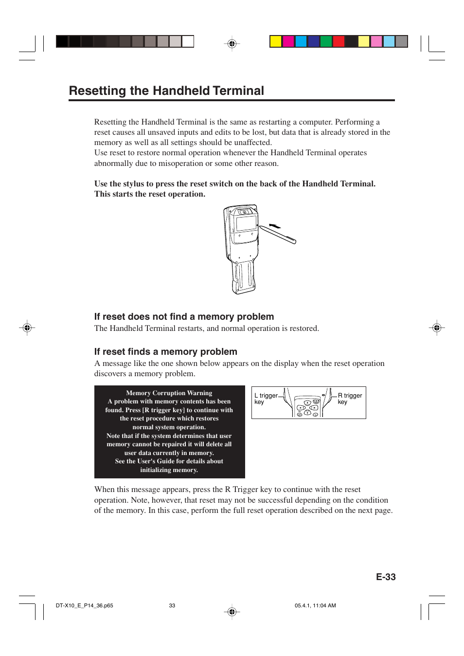 Resetting the handheld terminal, E-33 | Casio DT-X10 User Manual | Page 35 / 62