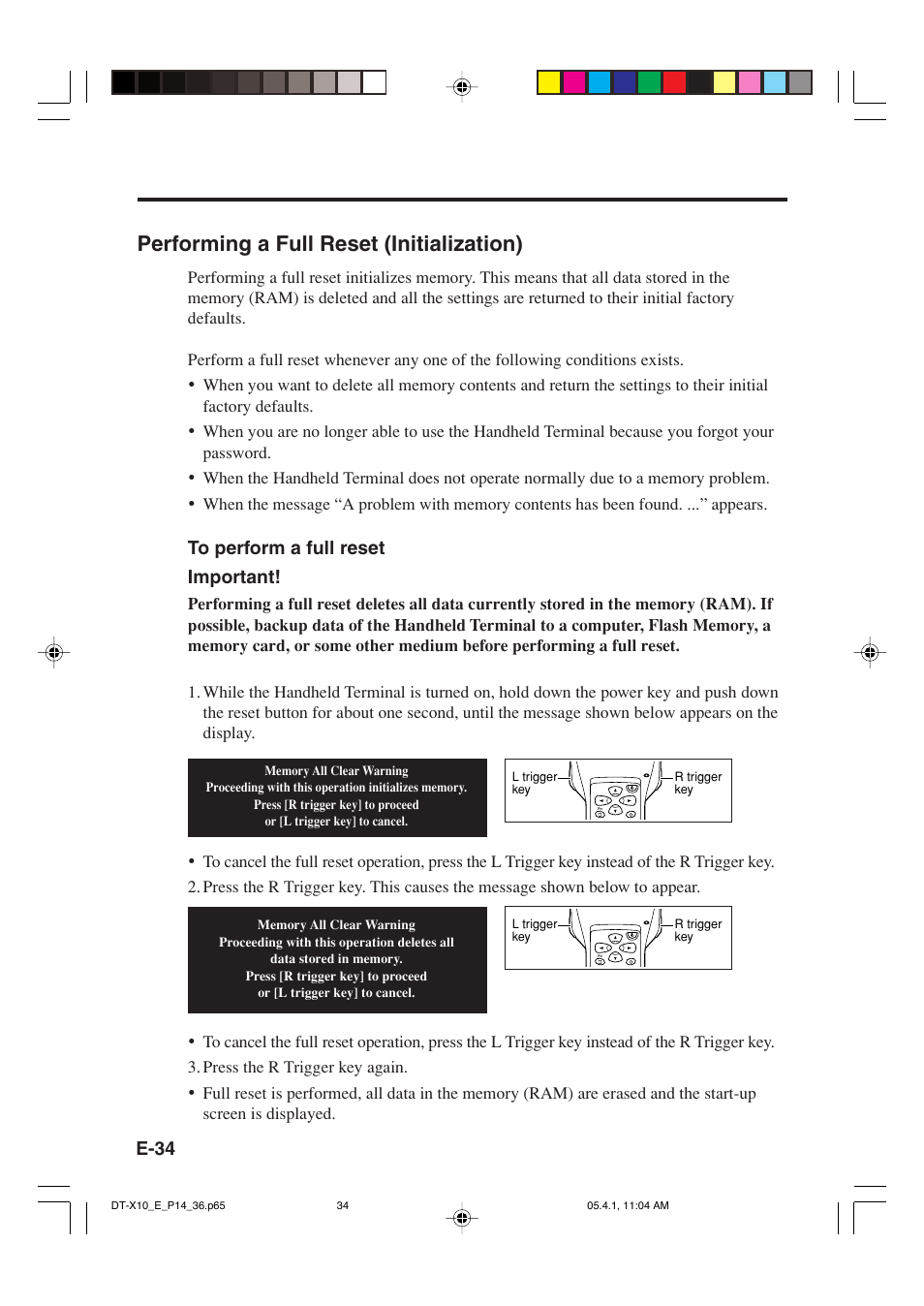 Performing a full reset (initialization), E-34 | Casio DT-X10 User Manual | Page 36 / 62