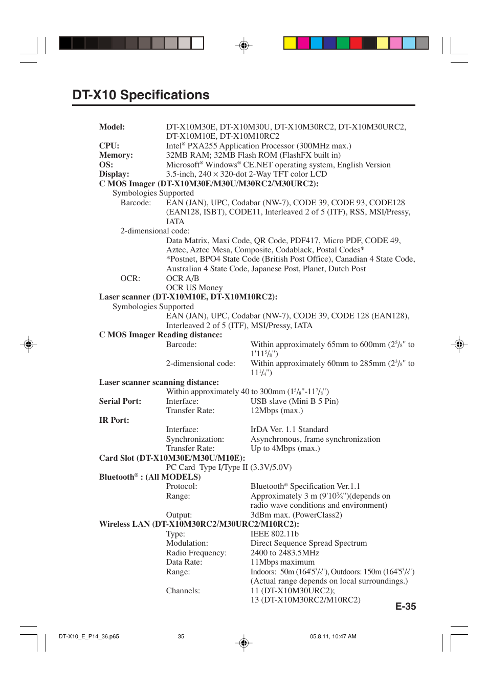 Dt-x10 specifications, E-35 | Casio DT-X10 User Manual | Page 37 / 62