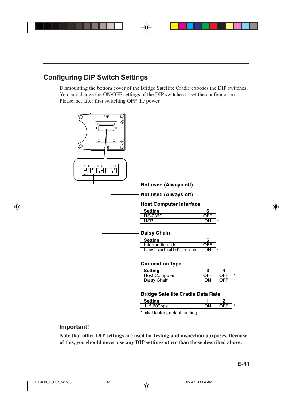 Configuring dip switch settings, E-41, Important | Casio DT-X10 User Manual | Page 43 / 62