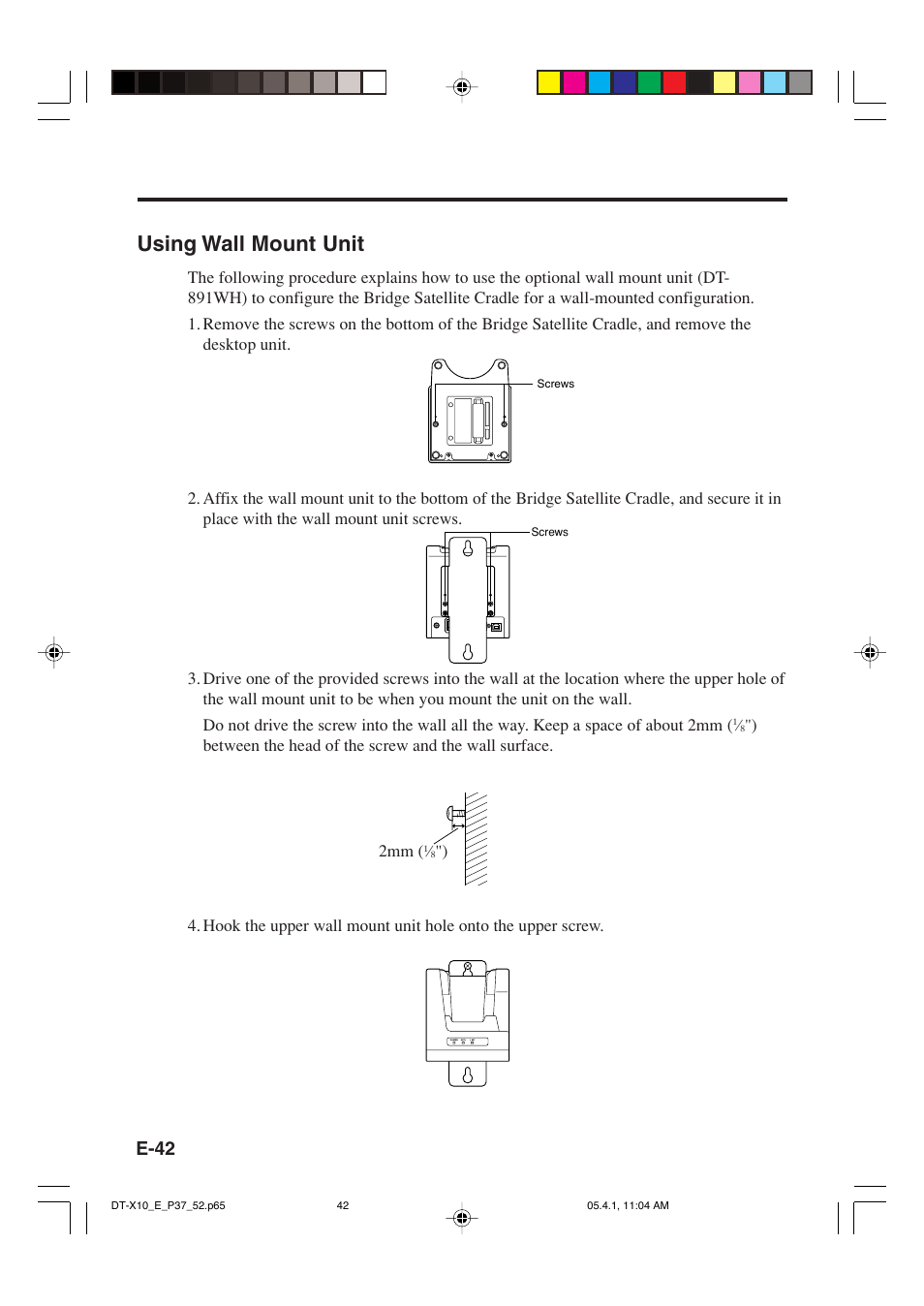 Using wall mount unit, E-42 | Casio DT-X10 User Manual | Page 44 / 62