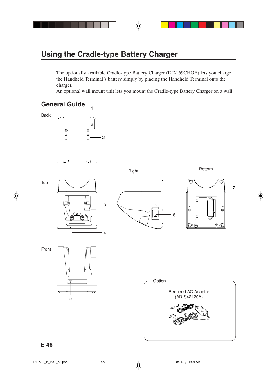 Using the cradle-type battery charger, General guide, E-46 | Casio DT-X10 User Manual | Page 48 / 62