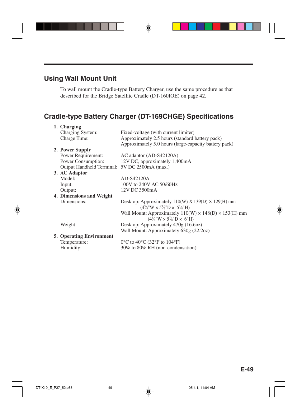 Using wall mount unit, E-49 | Casio DT-X10 User Manual | Page 51 / 62