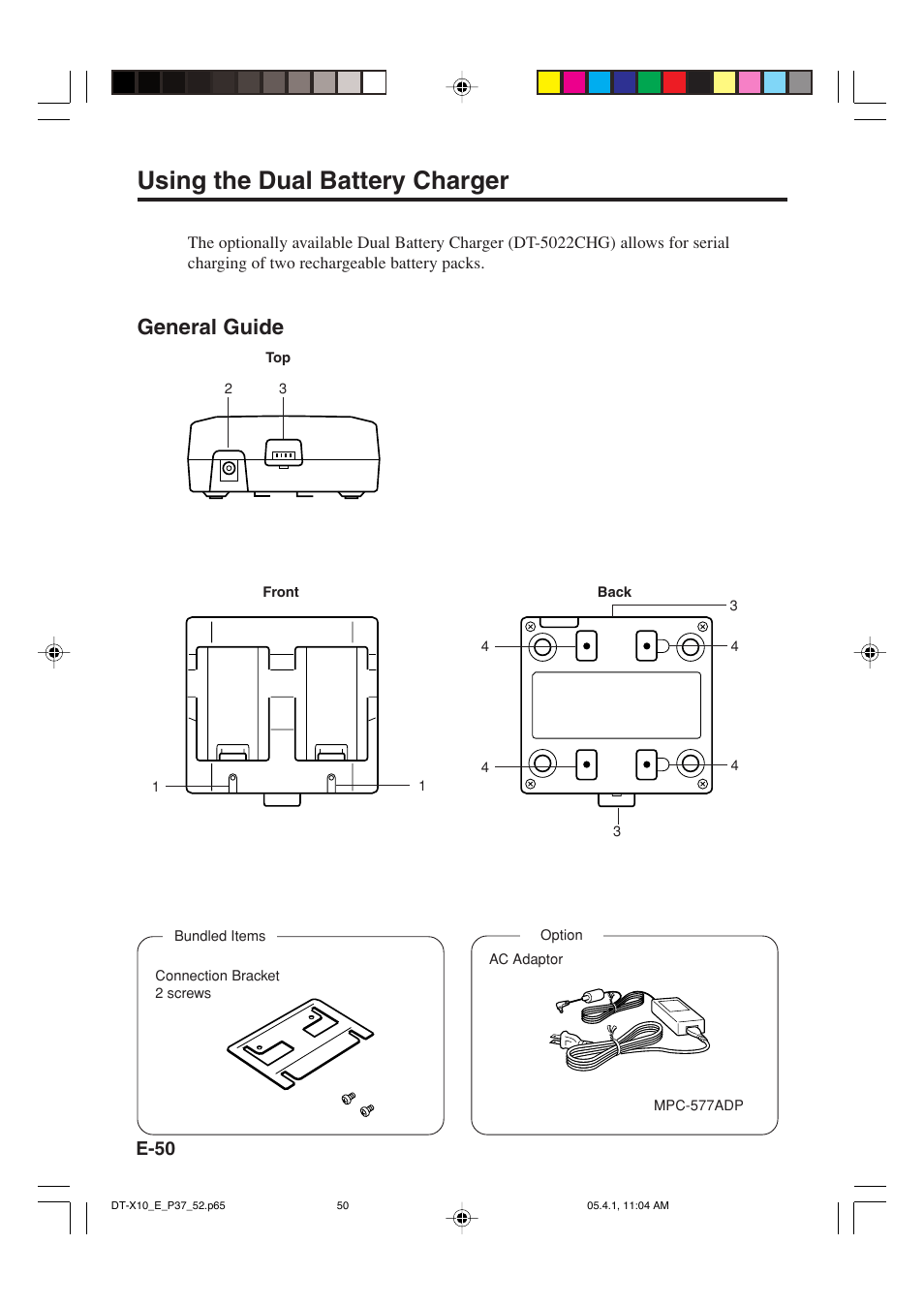 Using the dual battery charger, General guide, E-50 | Casio DT-X10 User Manual | Page 52 / 62