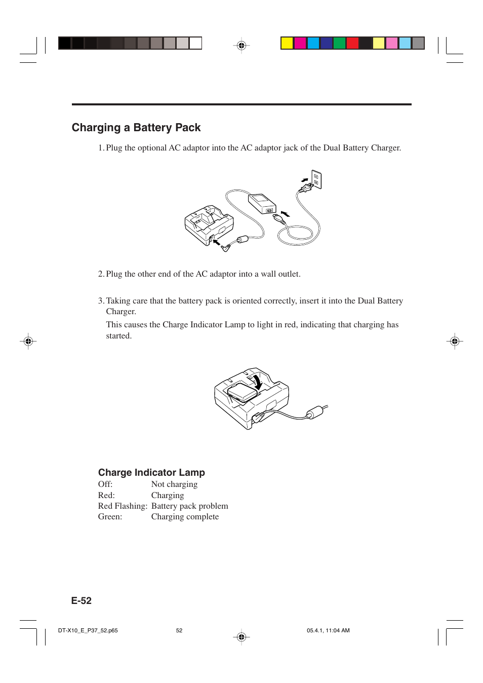 Charging a battery pack | Casio DT-X10 User Manual | Page 54 / 62