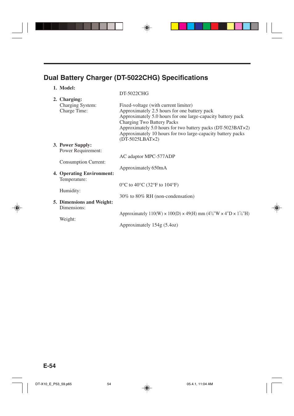 Dual battery charger (dt-5022chg) specifications, E-54 | Casio DT-X10 User Manual | Page 56 / 62
