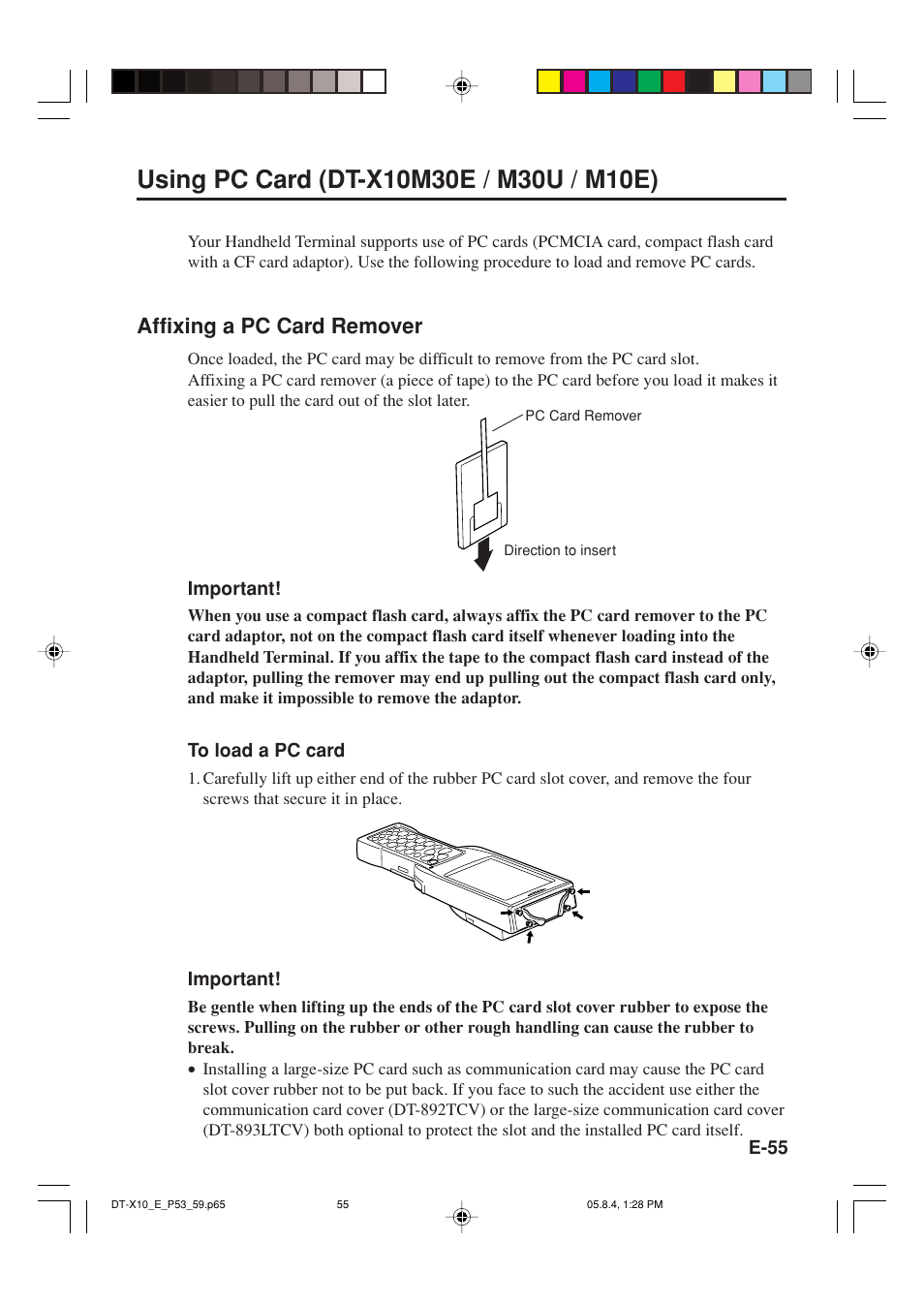 Affixing a pc card remover | Casio DT-X10 User Manual | Page 57 / 62