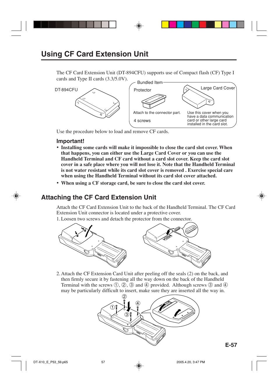 Using cf card extension unit, Attaching the cf card extension unit | Casio DT-X10 User Manual | Page 59 / 62