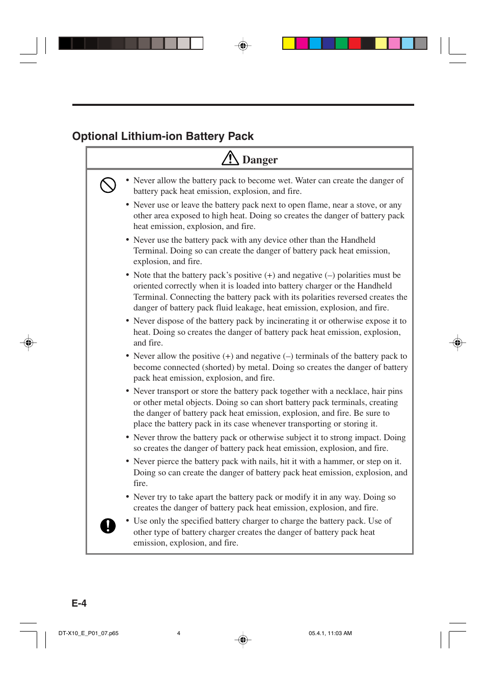 Optional lithium-ion battery pack danger | Casio DT-X10 User Manual | Page 6 / 62