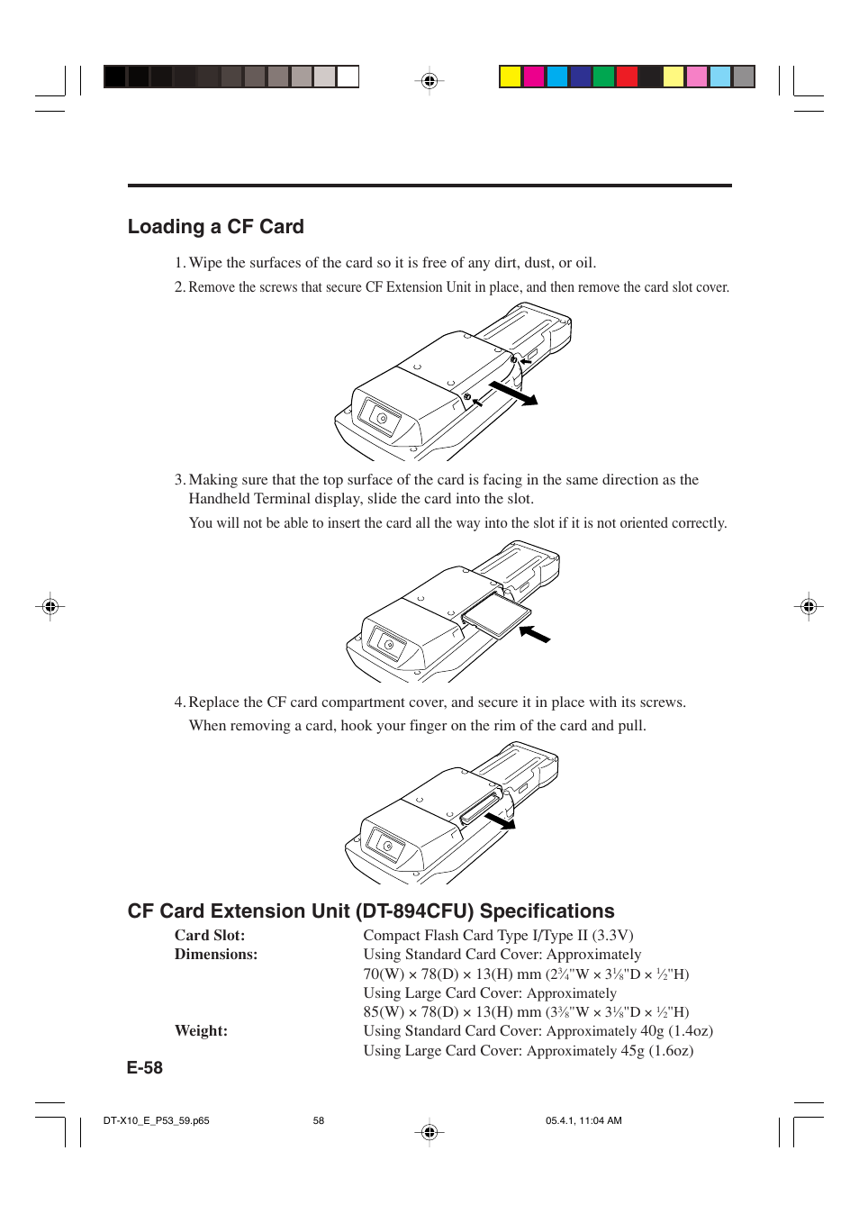 Loading a cf card, Cf card extension unit (dt-894cfu) specifications, E-58 | Casio DT-X10 User Manual | Page 60 / 62