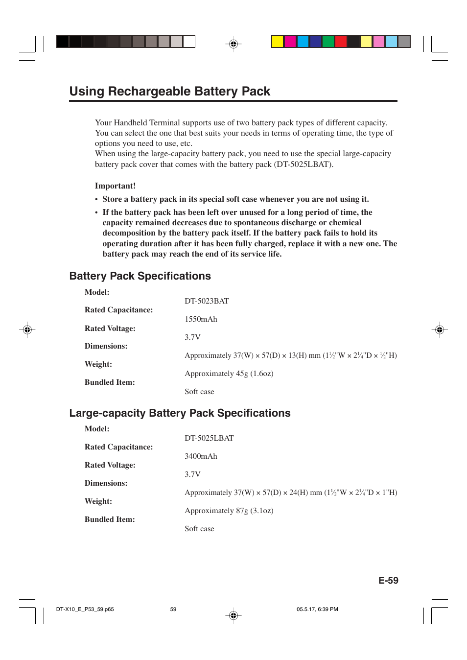 Using rechargeable battery pack, Battery pack specifications, Large-capacity battery pack specifications | E-59 | Casio DT-X10 User Manual | Page 61 / 62