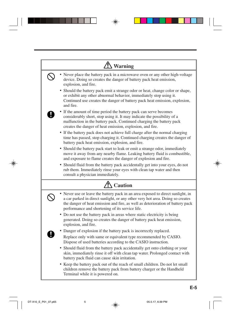 Warning, Caution | Casio DT-X10 User Manual | Page 7 / 62