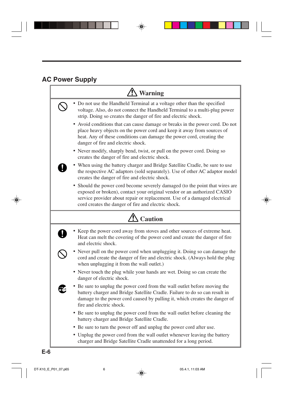 Ac power supply warning, Caution | Casio DT-X10 User Manual | Page 8 / 62