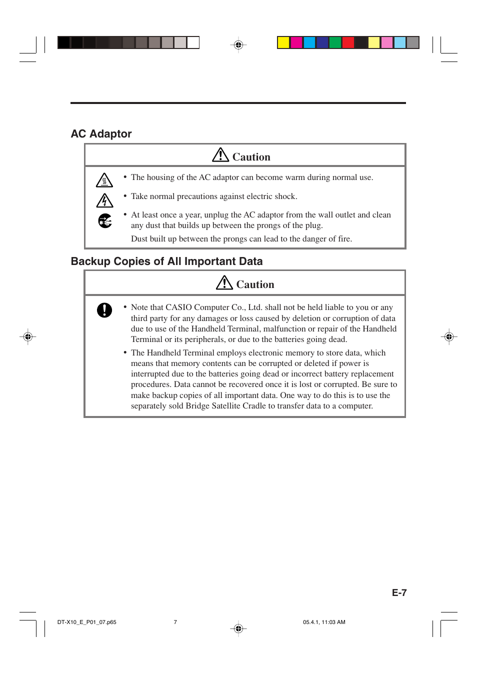 Ac adaptor caution, Backup copies of all important data caution | Casio DT-X10 User Manual | Page 9 / 62