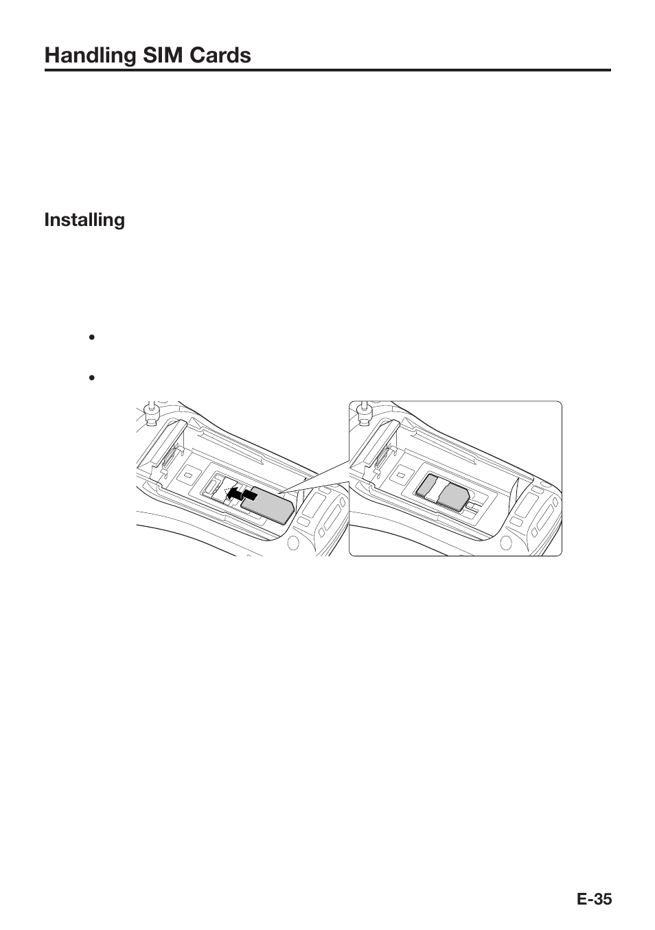 Handling sim cards, Installing | Casio DT-X30 User Manual | Page 37 / 59