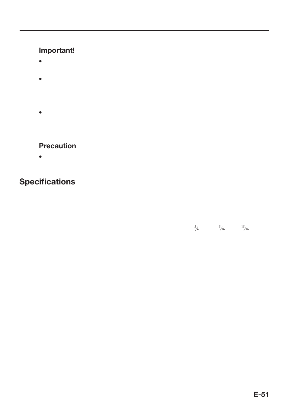 Speciﬁ cations, E-51 important, Precaution | Casio DT-X30 User Manual | Page 53 / 59