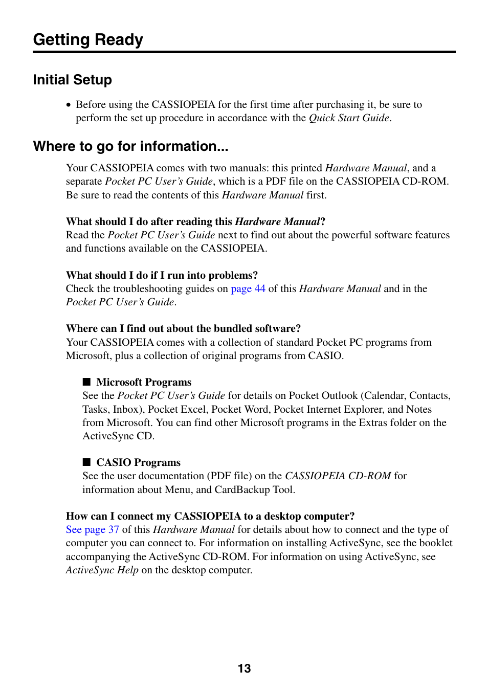 Getting ready, Initial setup, Where to go for information | Casio EG-800 User Manual | Page 13 / 55